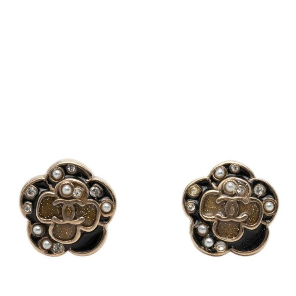 Chanel Camellia CC Logo Pearl Pierced Earrings Plated Rhinestone Gold